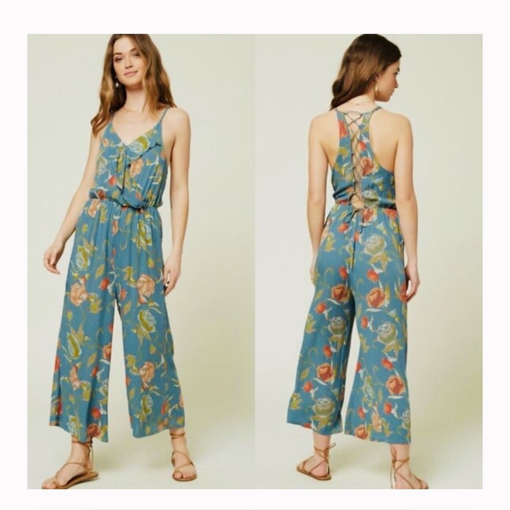 O'Neill Teal Blue Floral Wide-Leg Jumpsuit Romper